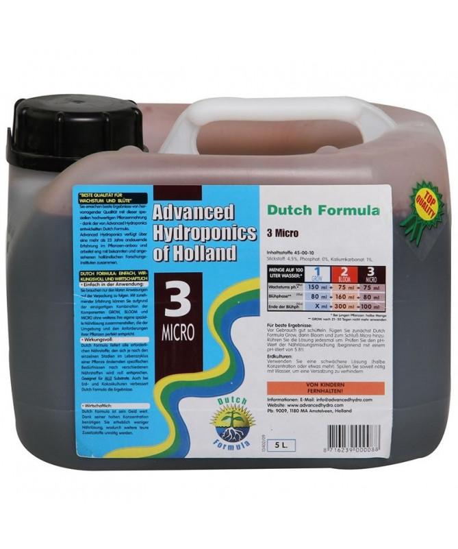 DUTCH FORMULA 3 MICRO 5L NAWÓZ UZUPEŁNIAJĄCY (MIKROELEMENTY) - ADVANCED HYDROPONICS OF HOLLAND - 1 - **DUTCH FORMULA** to gama n DUTCH FORMULA 3 MICRO 5L NAWÓZ UZUPEŁNIAJĄCY (MIKROELEMENTY) - ADVANCED HYDROPONICS OF HOLLAND - 1 - **DUTCH FORMULA** to gama n
