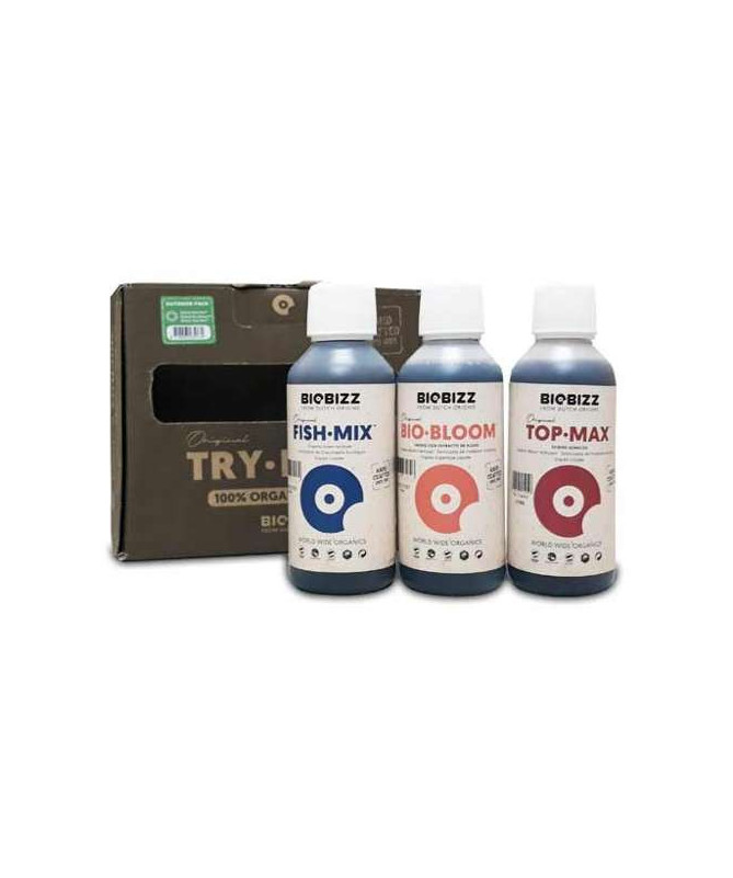 BIOBIZZ TRYPACK OUTDOOR 3X250ML - 1 - Zestaw TRY-PACK OUTDOOR zawiera zestaw boosterów i nawozów do uprawy ekologicznej, w skład